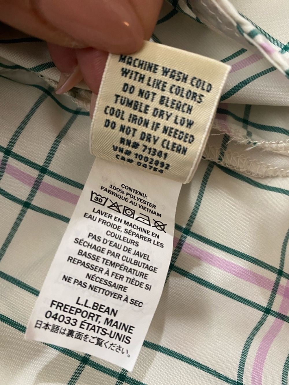 L.L. Bean Cream Plaid Button-Down Shirt with Green and Purple Lines - Picture 8 of 9